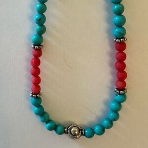 HANDCRAFTED RED CORAL and TURQUOISE Beaded Necklace with Sterling Silver accents